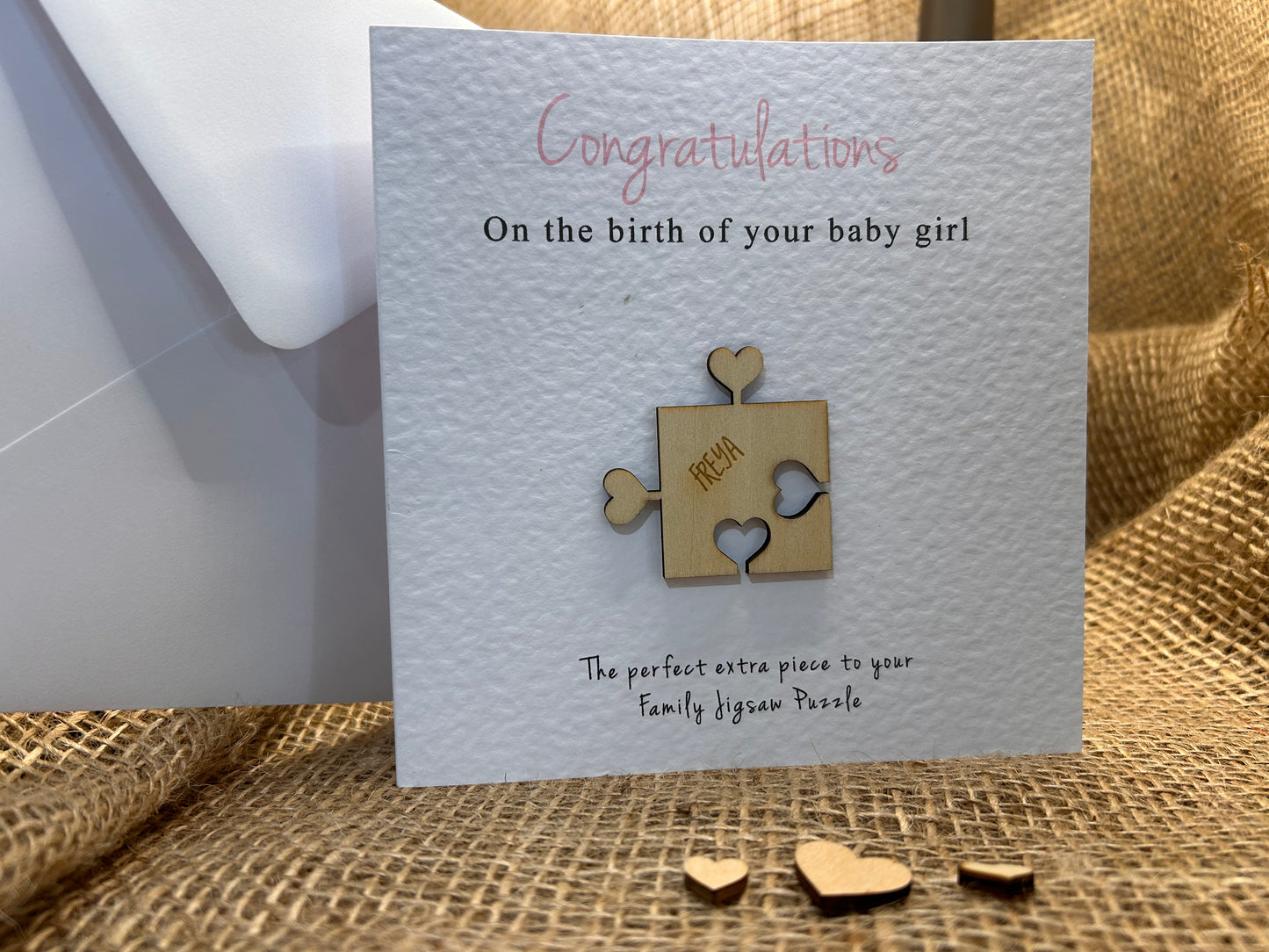 Personalised New Baby boy or girl Card Handmade Keepsake Gift Heart Puzzle Pieces 103c