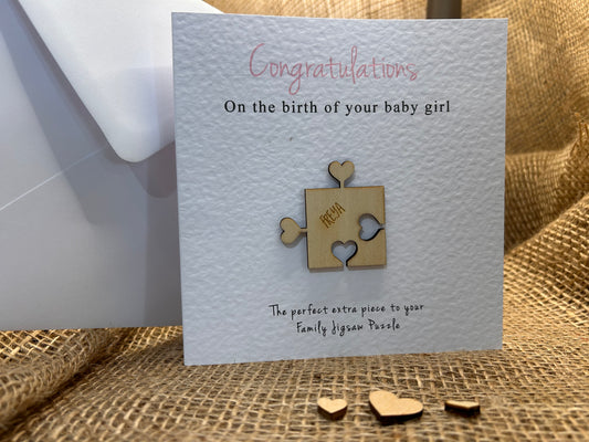 Personalised New Baby boy or girl Card Handmade Keepsake Gift Heart Puzzle Pieces 103c