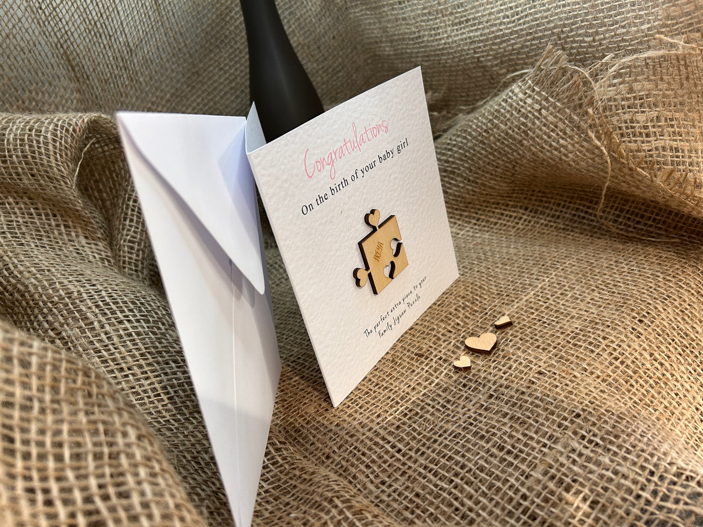 Personalised New Baby boy or girl Card Handmade Keepsake Gift Heart Puzzle Pieces 103c