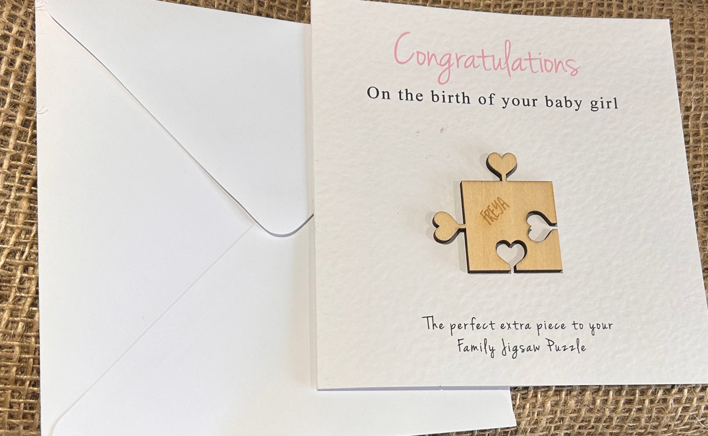 Personalised New Baby boy or girl Card Handmade Keepsake Gift Heart Puzzle Pieces 103c