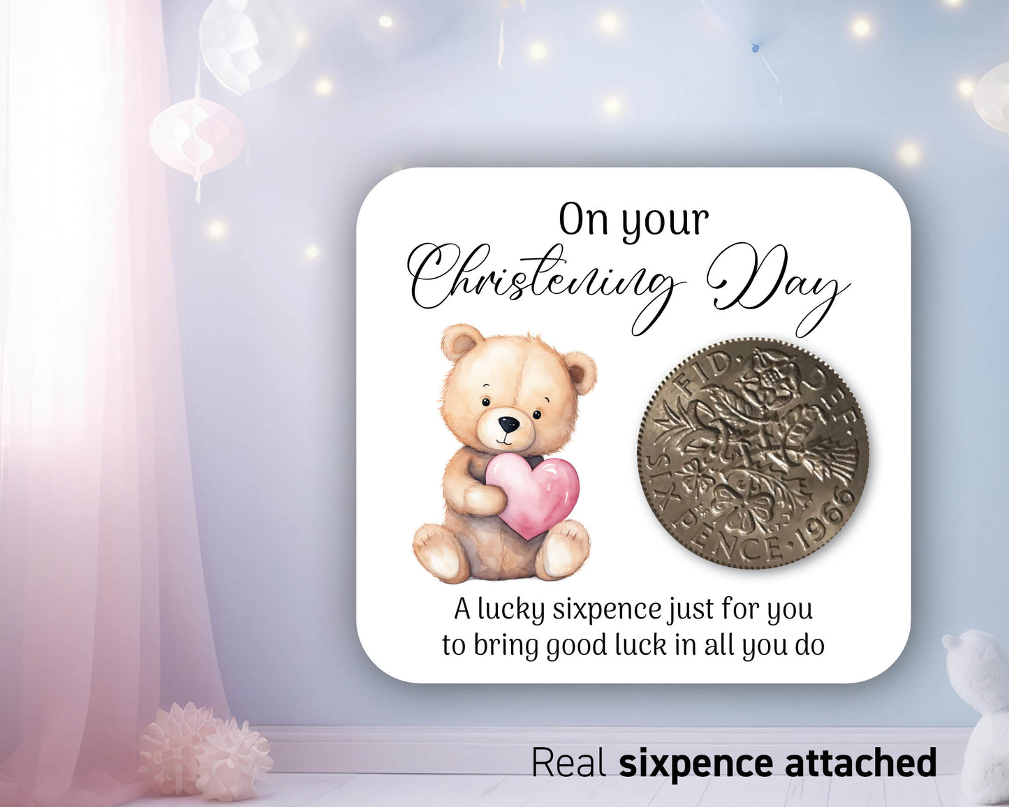 Baby Christening Gift, Lucky Sixpence Coin, On your Christening Day PINK Teddy Heart- 10