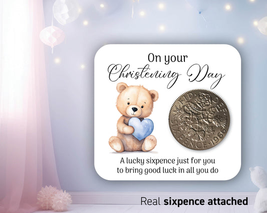 Baby Christening Gift, Lucky Sixpence Coin, On your Christening Day BLUE Teddy Heart- 10