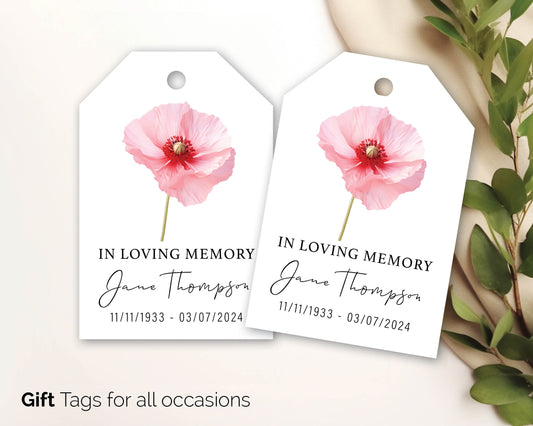 Personalised Poppy Pink Tags for Funeral, Memorial Gift Favours  In loving memory - 155
