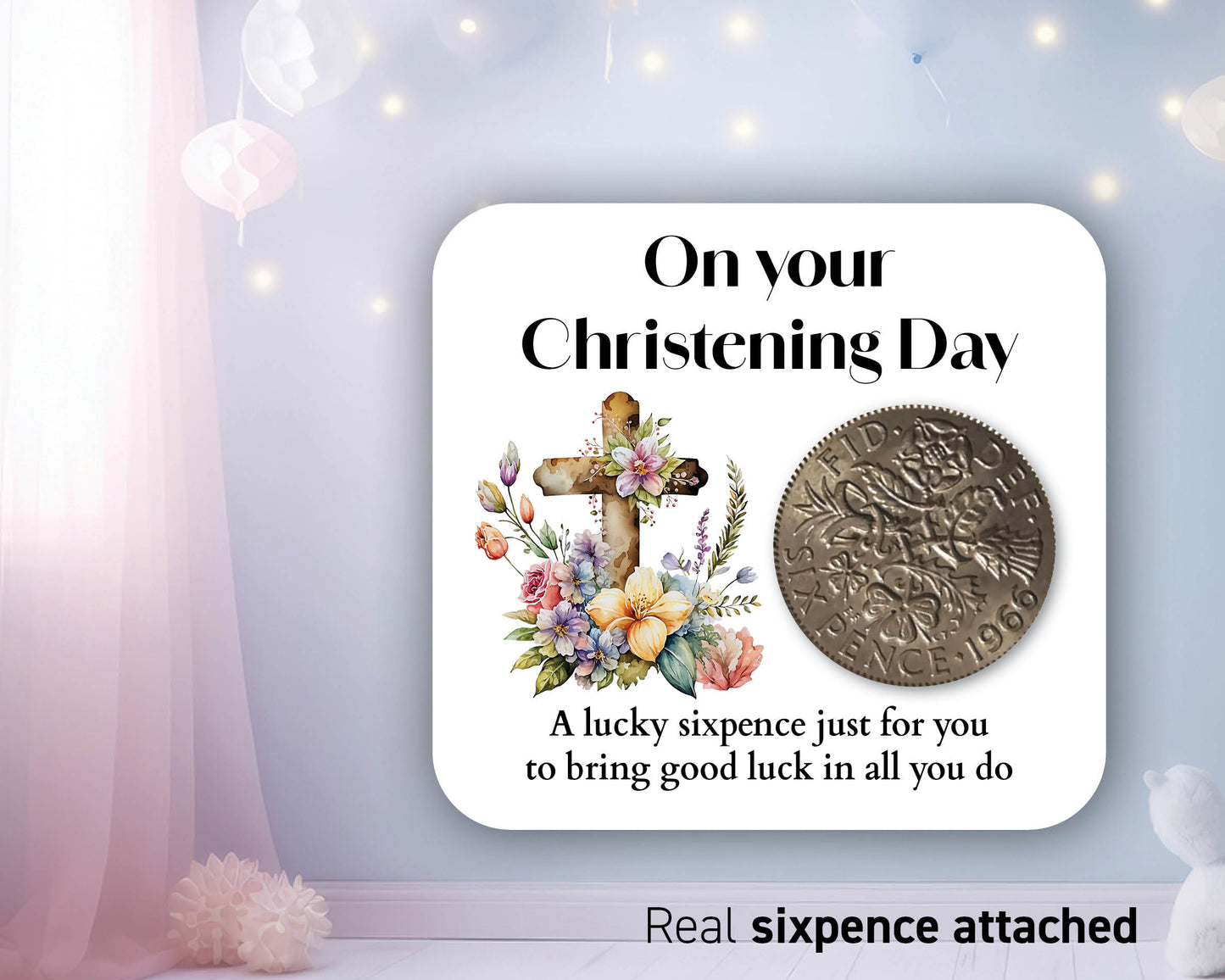 Floral Cross Christening Gift, Lucky Sixpence Coin, On your Christening Day PINK Teddy Heart- 18