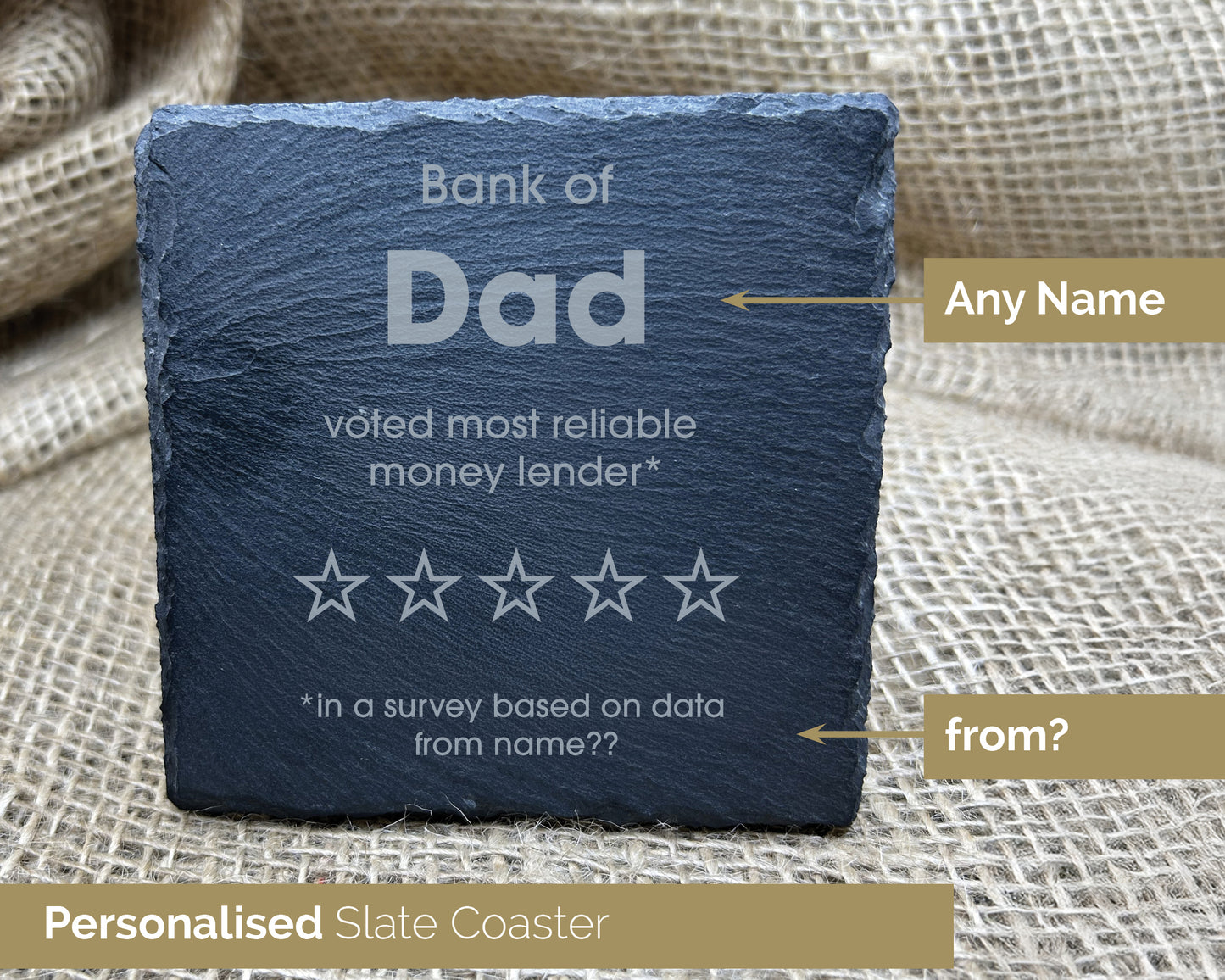 Personalised Engraved 'Bank Of Dad' Beer Coaster | Funny Birthday Gift For Dad | Unique Fathers Day Gift ANY NAME Rustic Slate -22