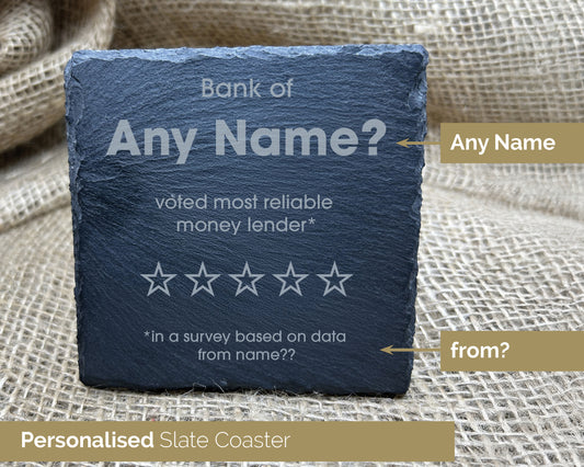 Personalised Engraved 'Bank Of Dad' Beer Coaster | Funny Birthday Gift For Dad | Unique Fathers Day Gift ANY NAME Rustic Slate -22