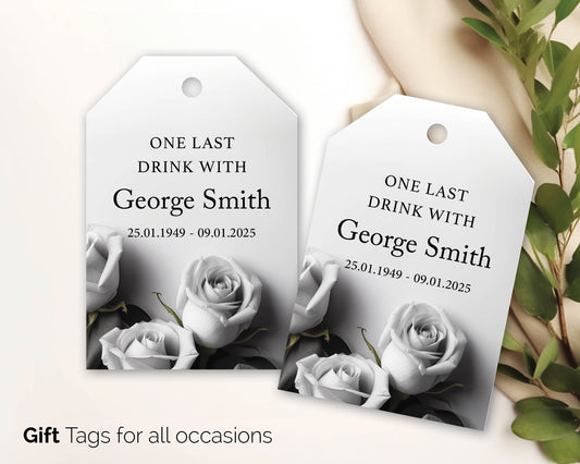 Personalised Tags for Funeral, Memorial Gift Favours 'one last drink'- 328