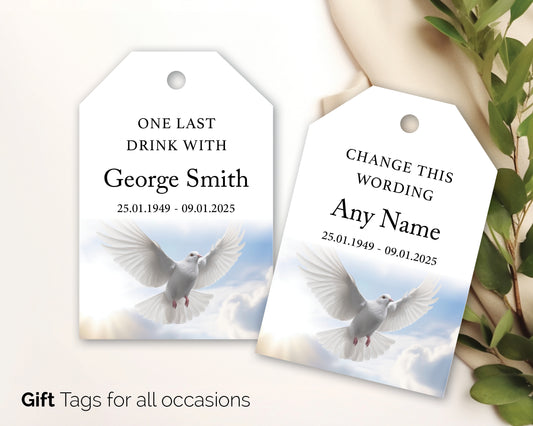Personalised White Dove Tags for Funeral, Memorial Gift Favours 'one last drink'- 333