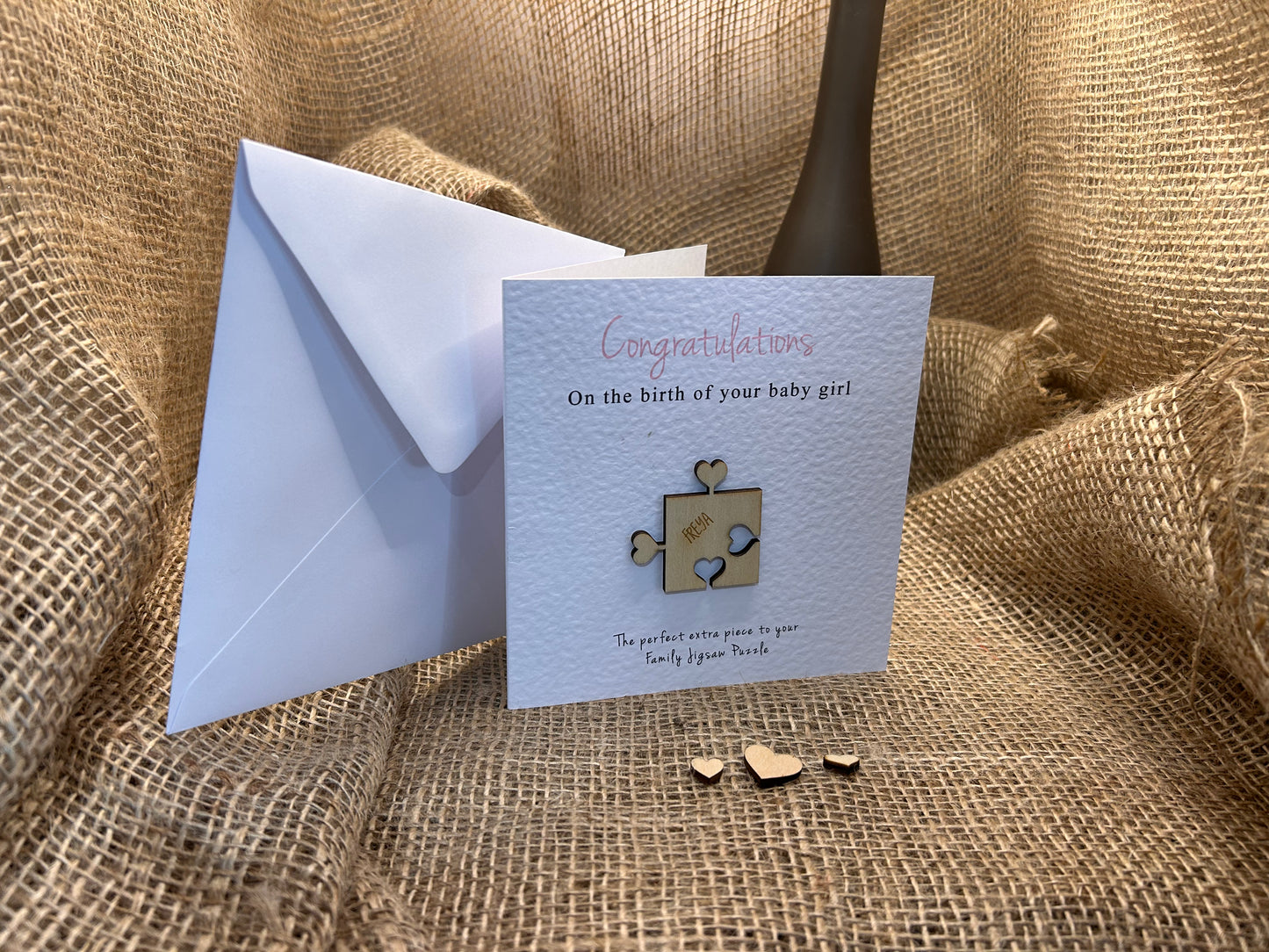 Personalised New Baby boy or girl Card Handmade Keepsake Gift Heart Puzzle Pieces 103c