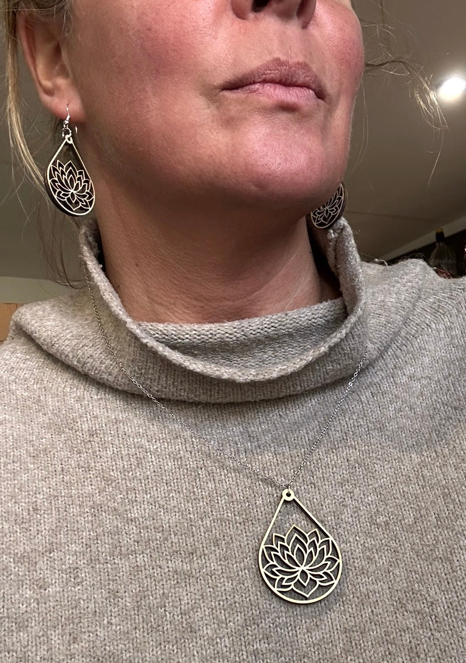 Bespoke Laser Cut Wooden Lotus Flower Earring and Necklace Set. Modern Rustic gift for a special lady - for her -109