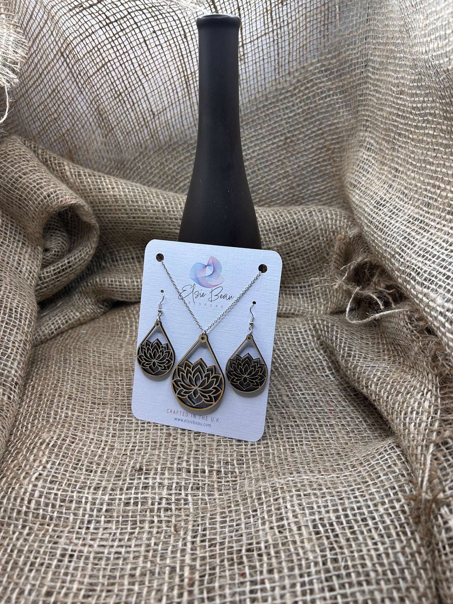 Bespoke Laser Cut Wooden Lotus Flower Earring and Necklace Set. Modern Rustic gift for a special lady - for her -109