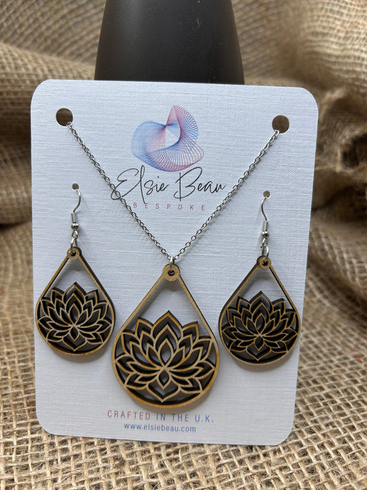 Bespoke Laser Cut Wooden Lotus Flower Earring and Necklace Set. Modern Rustic gift for a special lady - for her -109