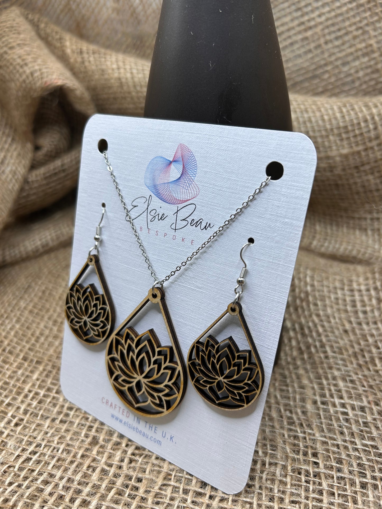 Bespoke Laser Cut Wooden Lotus Flower Earring and Necklace Set. Modern Rustic gift for a special lady - for her -109