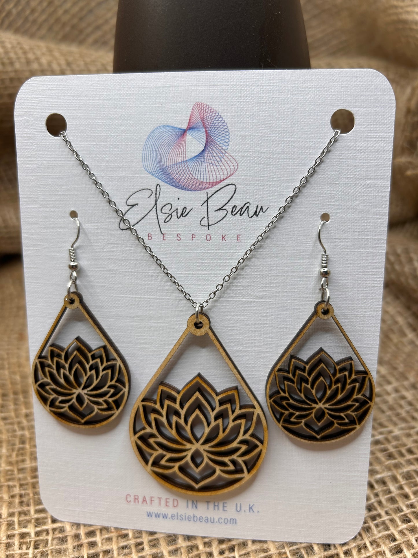 Bespoke Laser Cut Wooden Lotus Flower Earring and Necklace Set. Modern Rustic gift for a special lady - for her -109