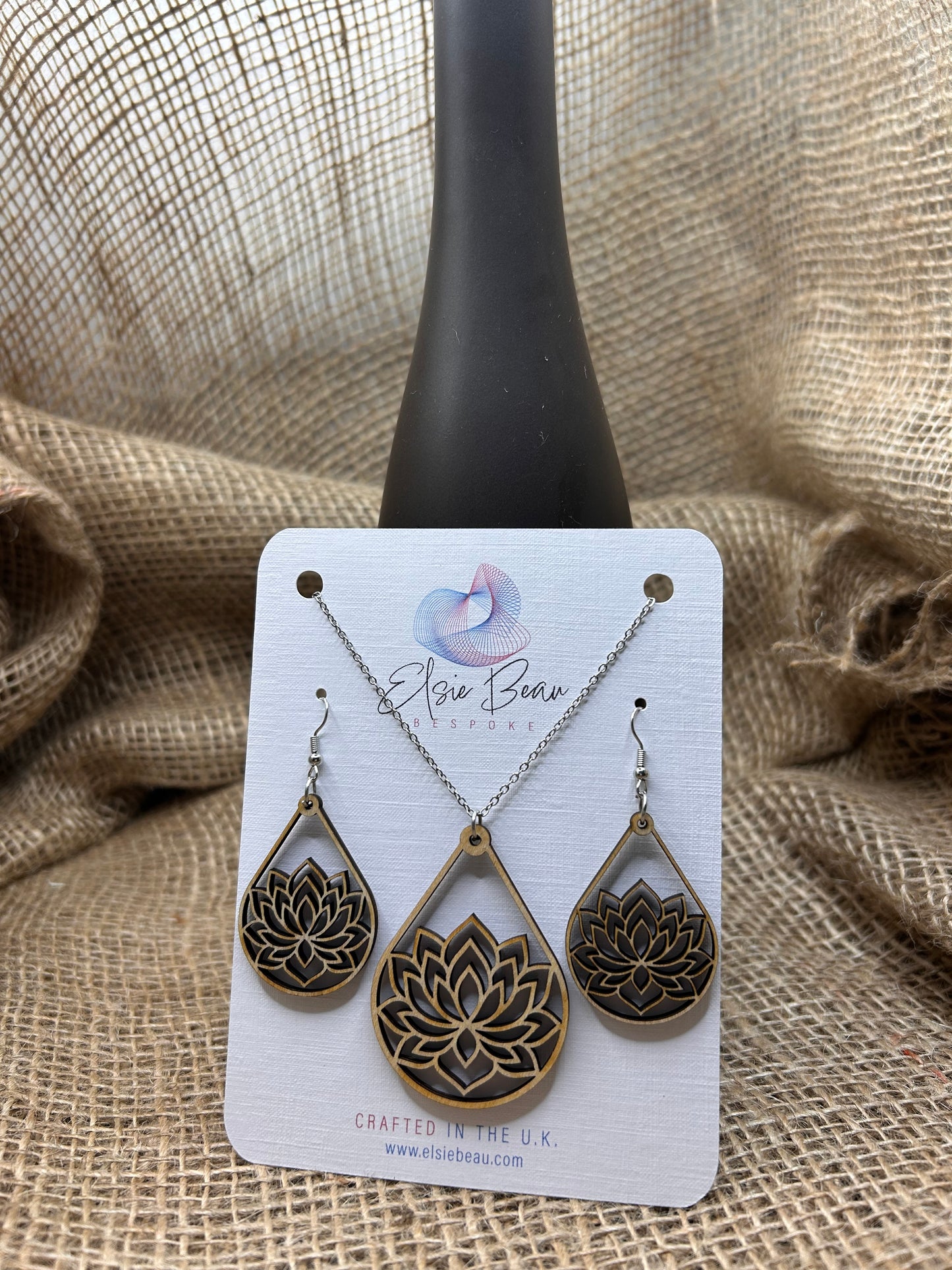 Bespoke Laser Cut Wooden Lotus Flower Earring and Necklace Set. Modern Rustic gift for a special lady - for her -109