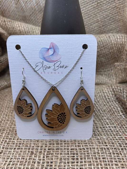 Bespoke Laser Cut Wooden Sunflower Flower Earring and Necklace Set. Modern Rustic gift for a special lady - for her -113