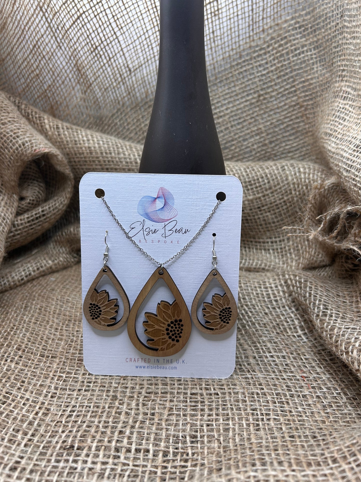 Bespoke Laser Cut Wooden Sunflower Flower Earring and Necklace Set. Modern Rustic gift for a special lady - for her -113