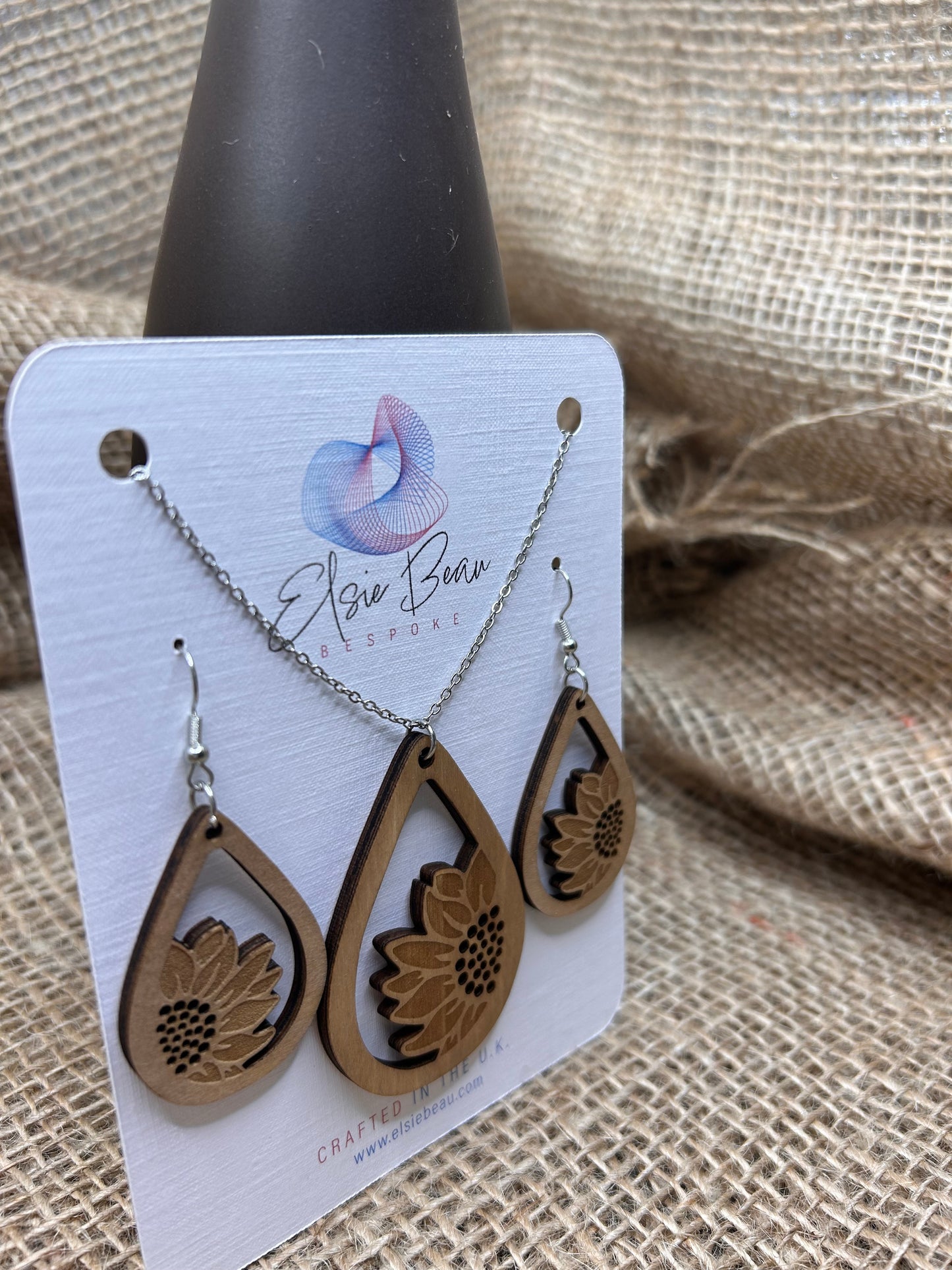 Bespoke Laser Cut Wooden Sunflower Flower Earring and Necklace Set. Modern Rustic gift for a special lady - for her -113