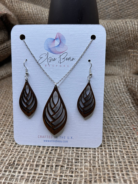Bespoke Laser Cut Wooden Leaf Earring and Necklace Set. Modern Rustic gift for a special lady - for her -113