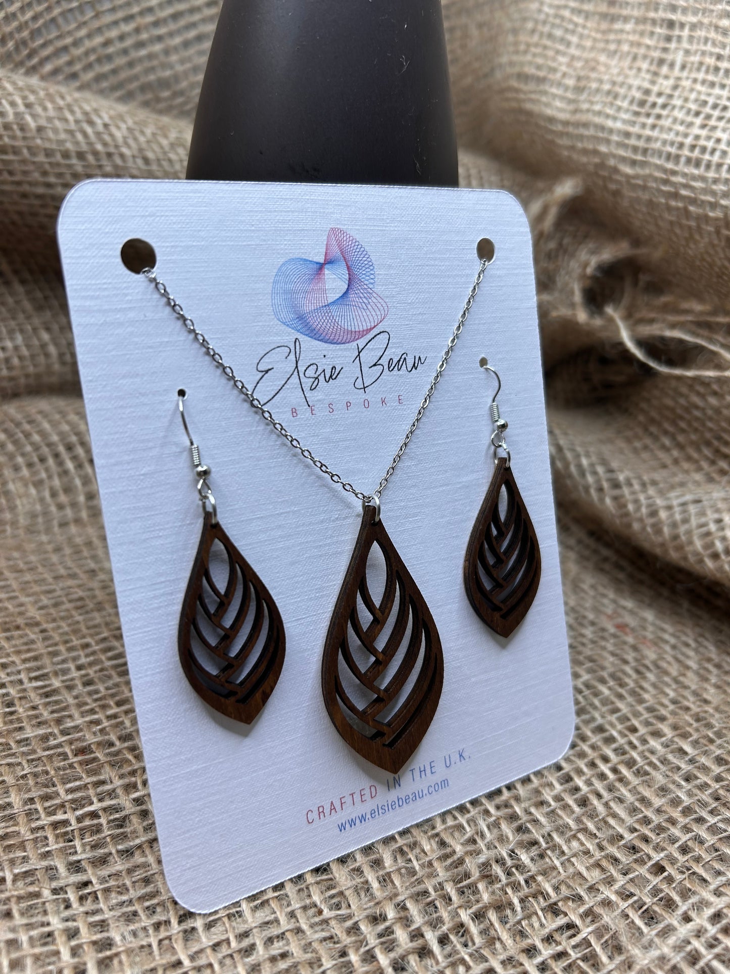 Bespoke Laser Cut Wooden Leaf Earring and Necklace Set. Modern Rustic gift for a special lady - for her -113