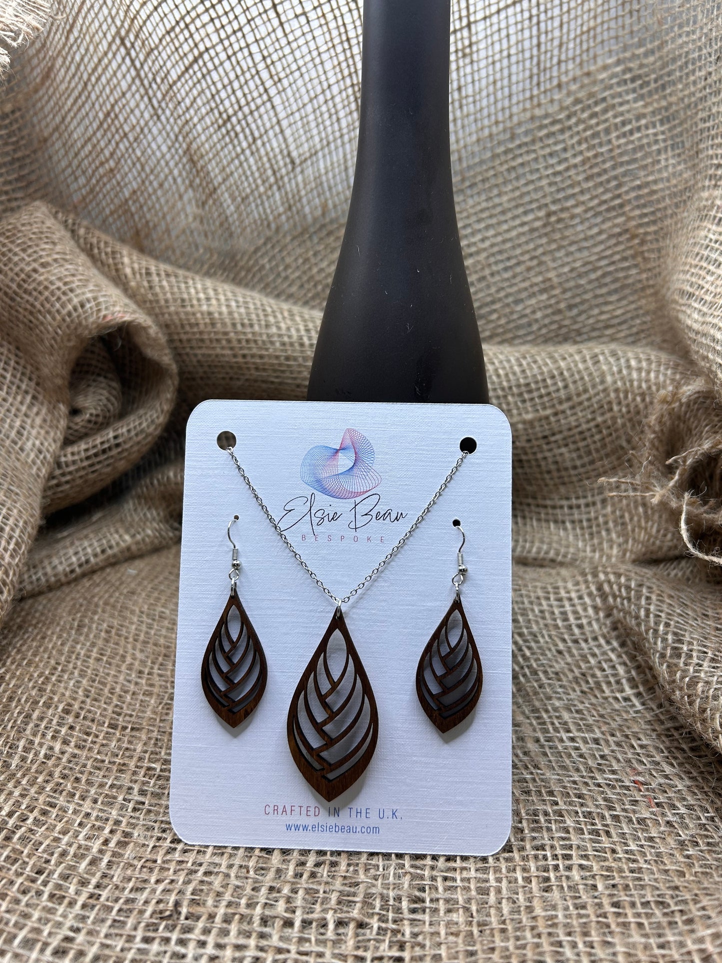 Bespoke Laser Cut Wooden Leaf Earring and Necklace Set. Modern Rustic gift for a special lady - for her -113