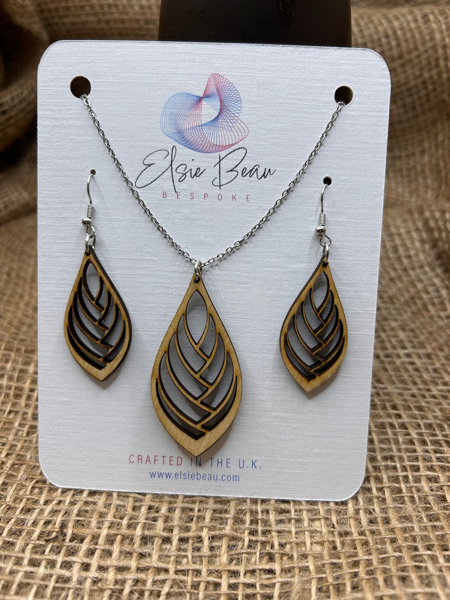 Bespoke Laser Cut Wooden Leaf Earring and Necklace Set. Modern Rustic gift for a special lady - for her -113n