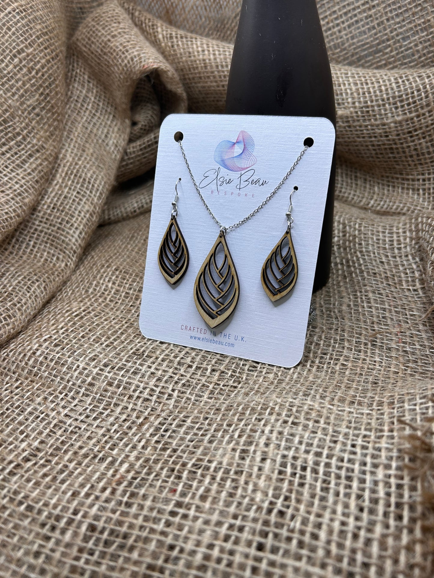 Bespoke Laser Cut Wooden Leaf Earring and Necklace Set. Modern Rustic gift for a special lady - for her -113n