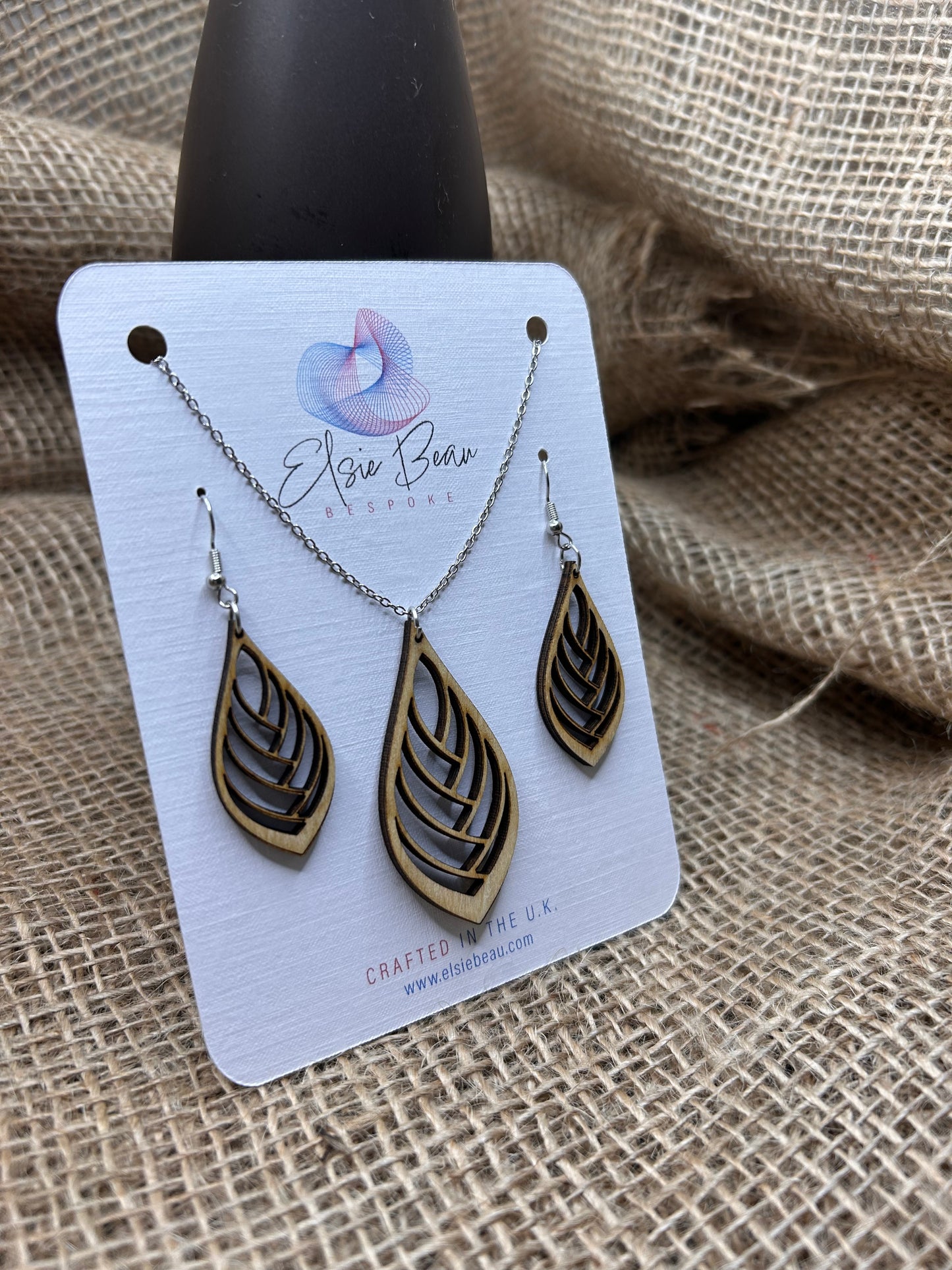 Bespoke Laser Cut Wooden Leaf Earring and Necklace Set. Modern Rustic gift for a special lady - for her -113n