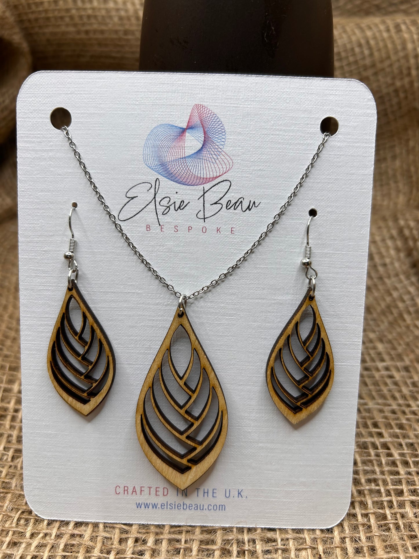 Bespoke Laser Cut Wooden Leaf Earring and Necklace Set. Modern Rustic gift for a special lady - for her -113n