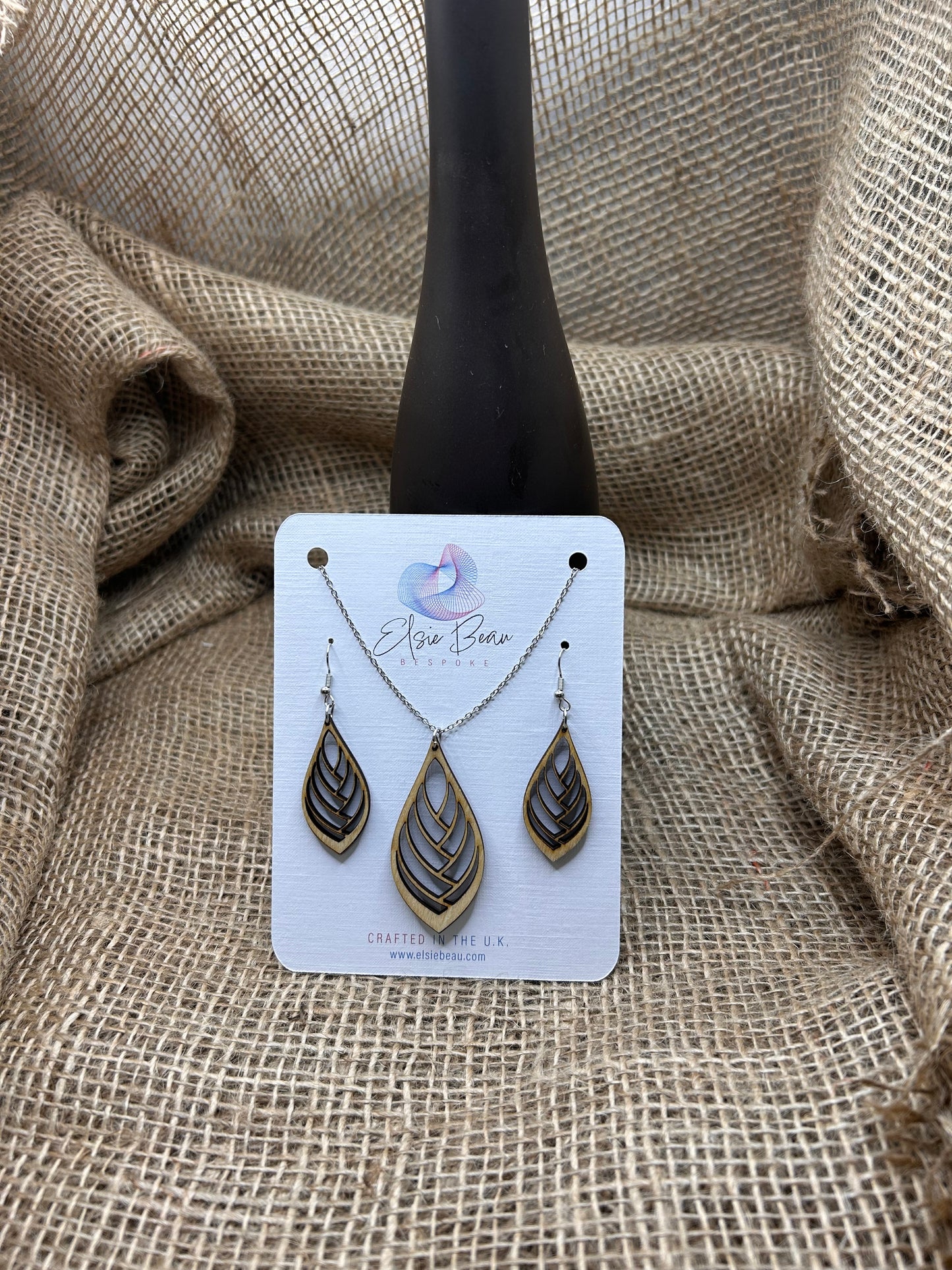 Bespoke Laser Cut Wooden Leaf Earring and Necklace Set. Modern Rustic gift for a special lady - for her -113n