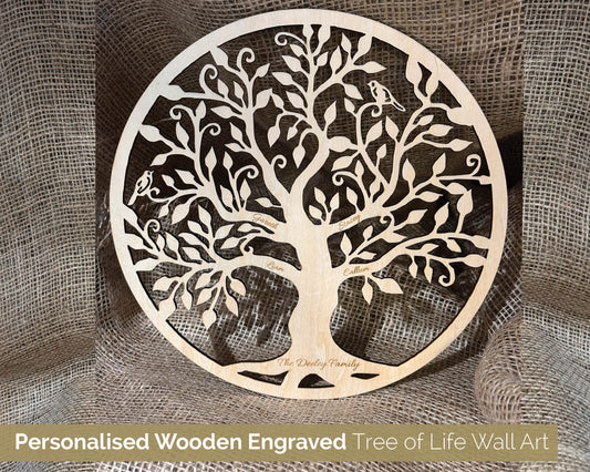 Personalised Tree of Life Wall art.  28cm Circular Wooden decoration for your home - 102