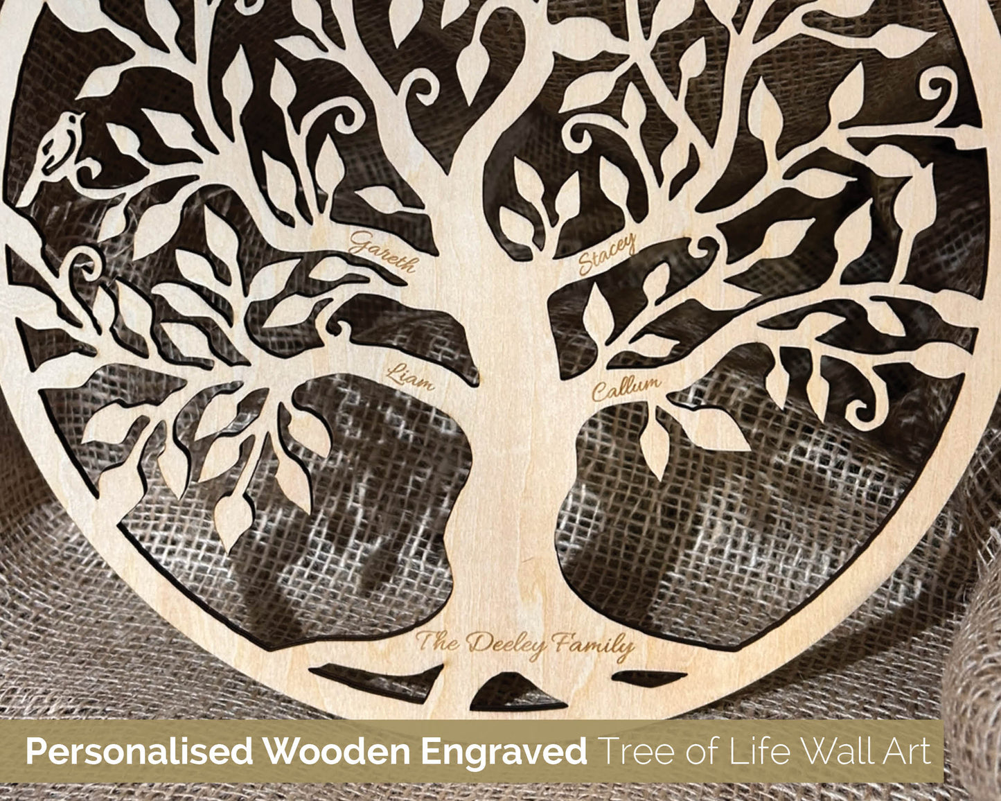 Personalised Tree of Life Wall art.  28cm Circular Wooden decoration for your home - 102