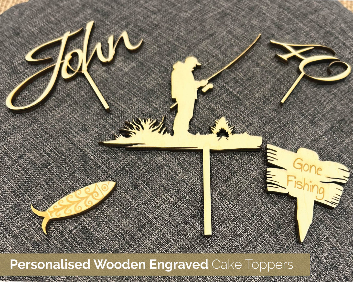 Wooden Bespoke Cake Topper Decorations Fishing - 106