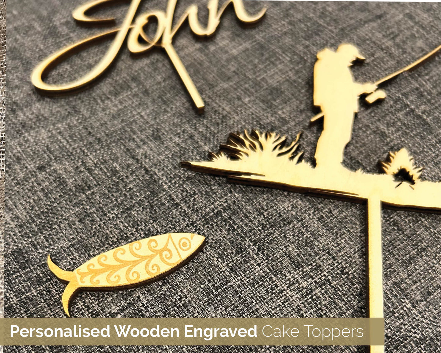 Wooden Bespoke Cake Topper Decorations Fishing - 106