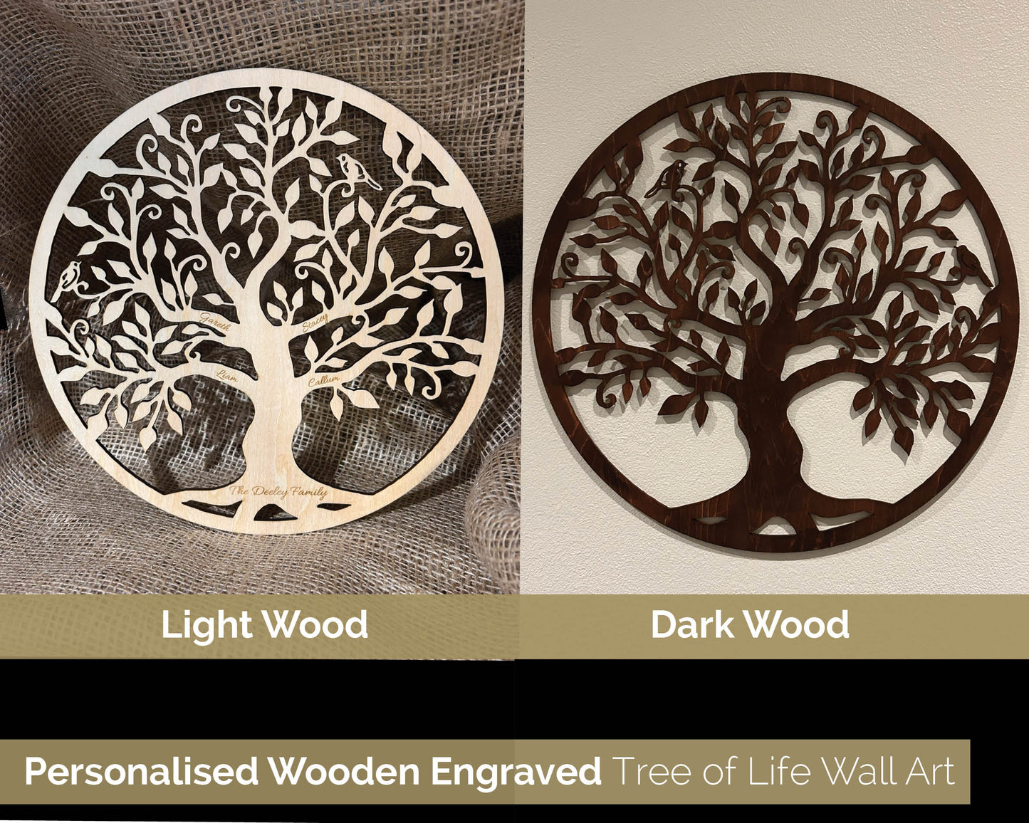 Personalised Tree of Life Wall art.  28cm Circular Wooden decoration for your home - 102