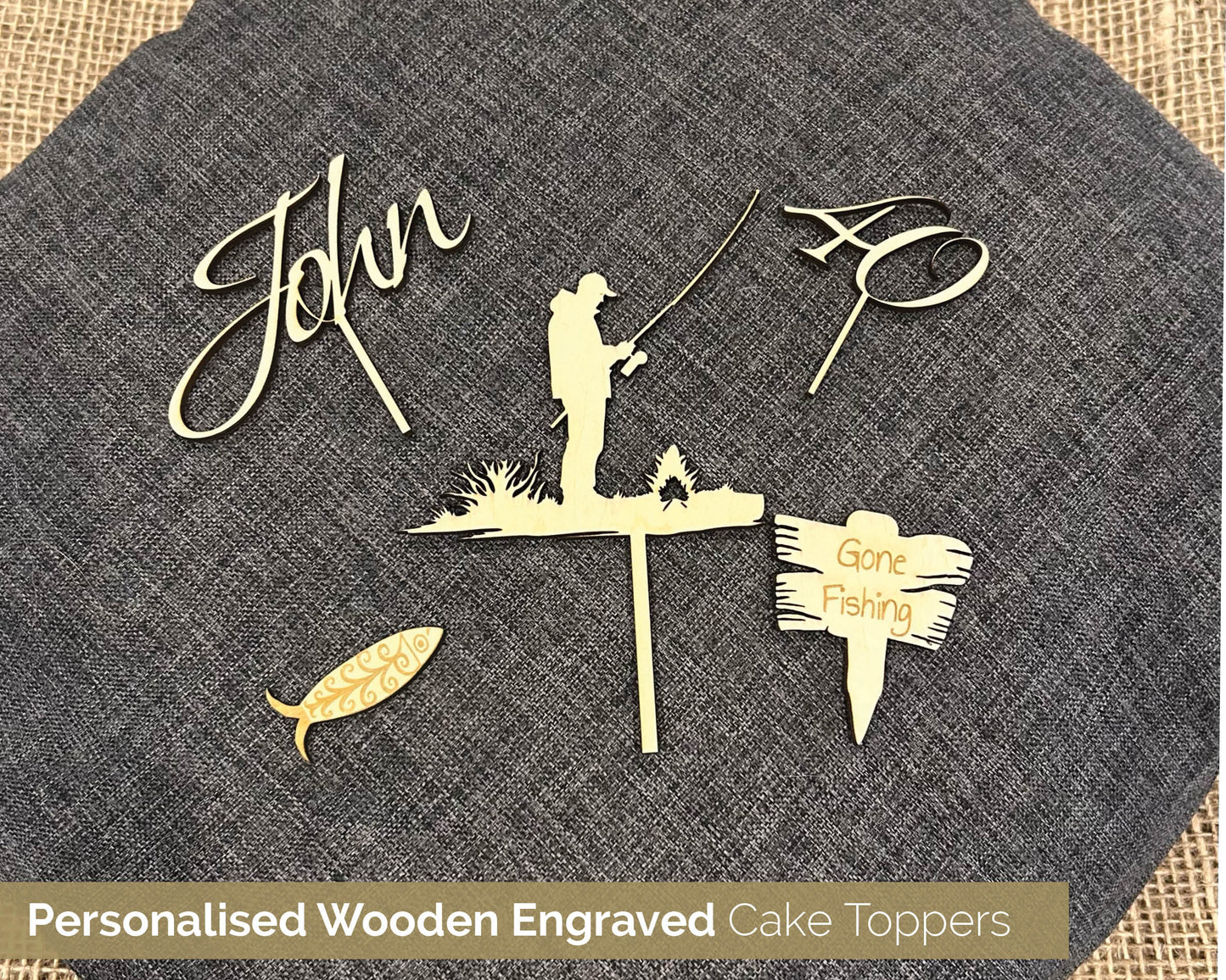 Wooden Bespoke Cake Topper Decorations Fishing - 106