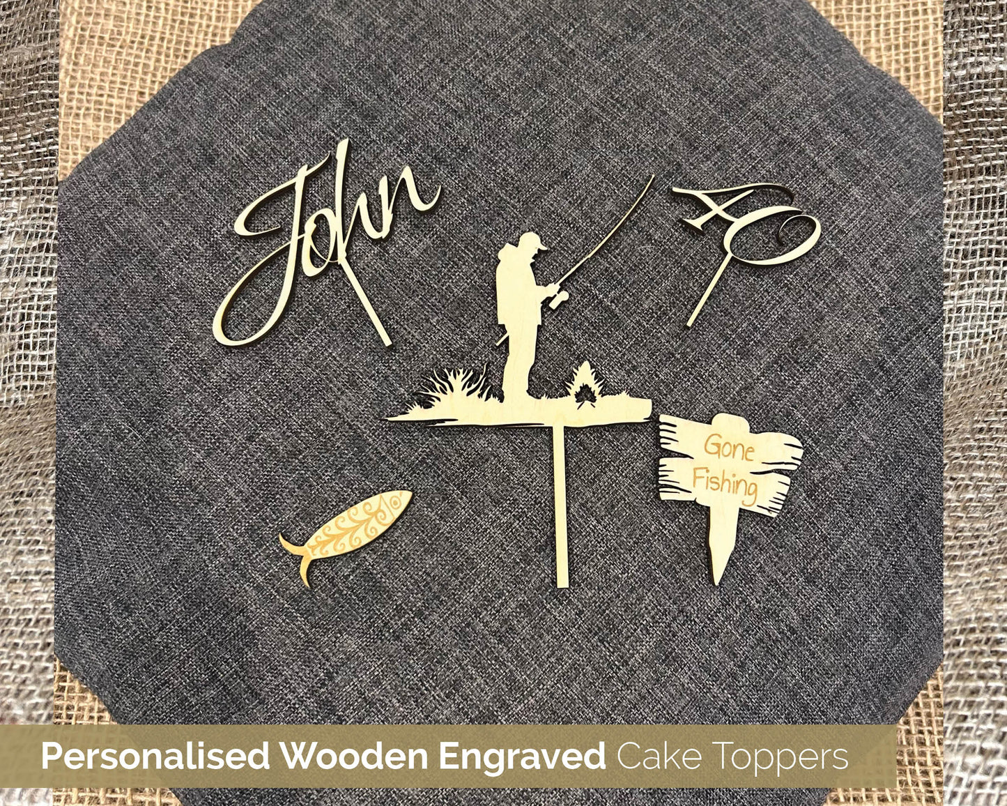 Wooden Bespoke Cake Topper Decorations Fishing - 106