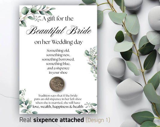 Eucalyptus Design Lucky Real Sixpence Card Something Old Something, Wedding Poem Gift card - 16