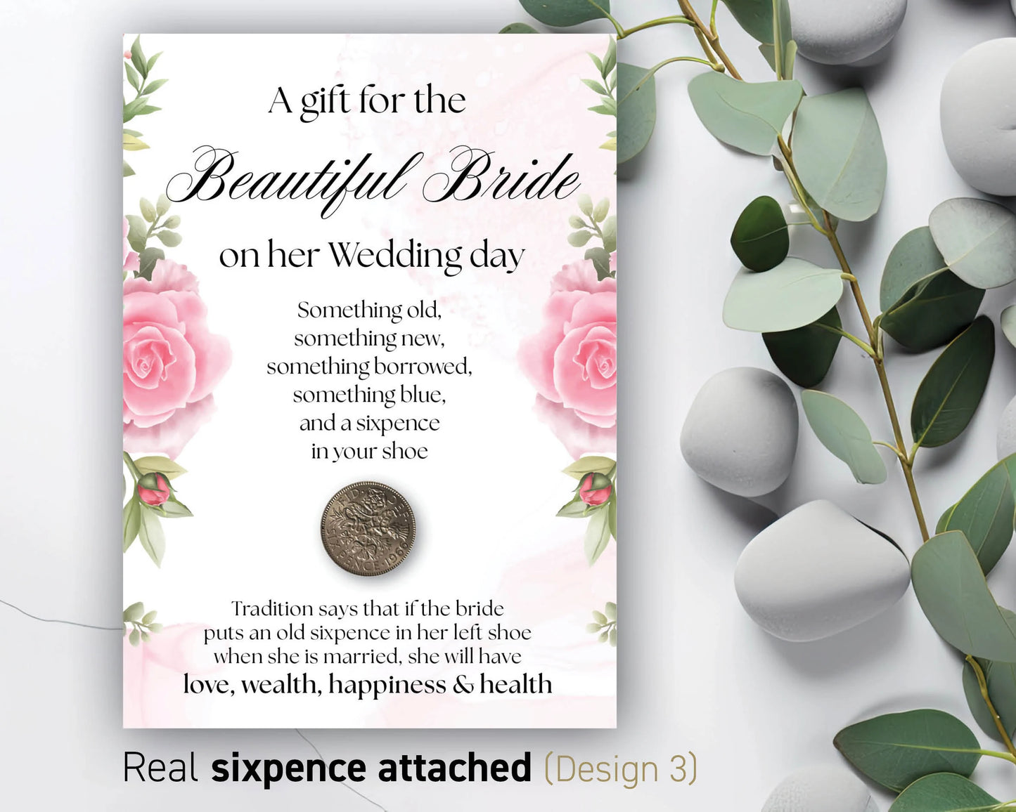 Pink Flower Design Lucky Real Sixpence Card Something Old Something, Wedding Poem Gift card - 16 (pink)